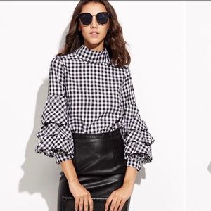 Gingham Cutout Ruffle Sleeve Top